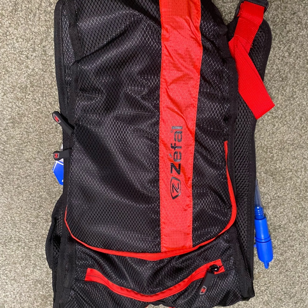 ZEF Black Backpack with Red Trim and Hydration Tube